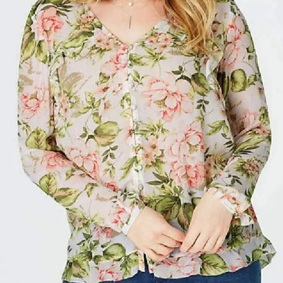 J Jill Floral Ruffle Trim Blouse Women Large Petite White Pink Green Cottagecore - Picture 3 of 11